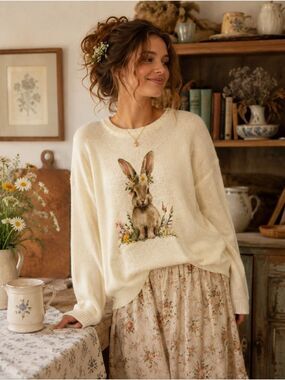 Mia & Tess NWT Wildflower Bunny Knit Pullover Sweater - Ivory Sz L Cottagecore